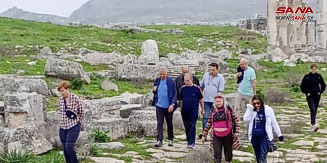 Un groupe de touristes irlandais visite la citadelle de Busra Al-Sham