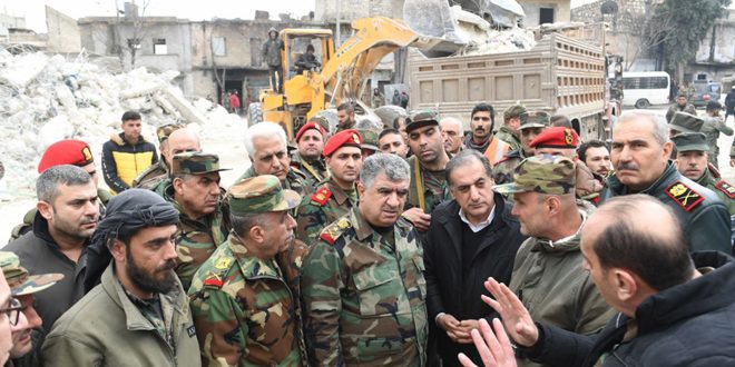 Commissioned by President al-Assad… Defense Minister tours a number of sites damaged by devastating earthquake in Aleppo
